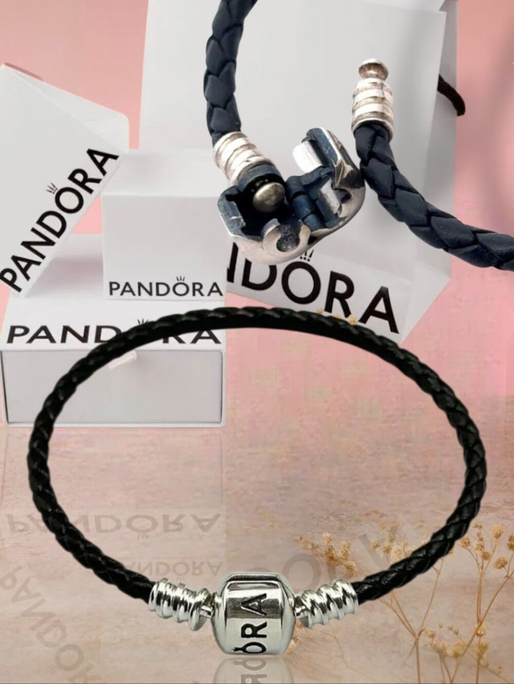 PANDORA Single Black Leather Bracelet With Sterling Silver Logo Clasp Retired